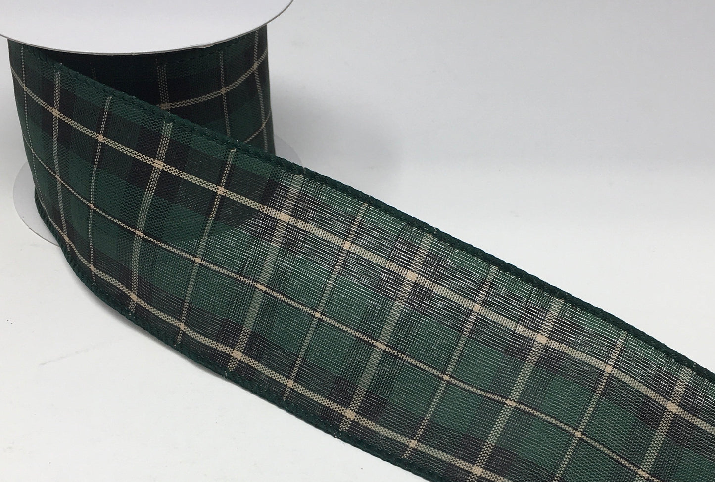 10 Yards - 2.5” Wired Green, Black, and Tan Christmas Plaid Ribbon