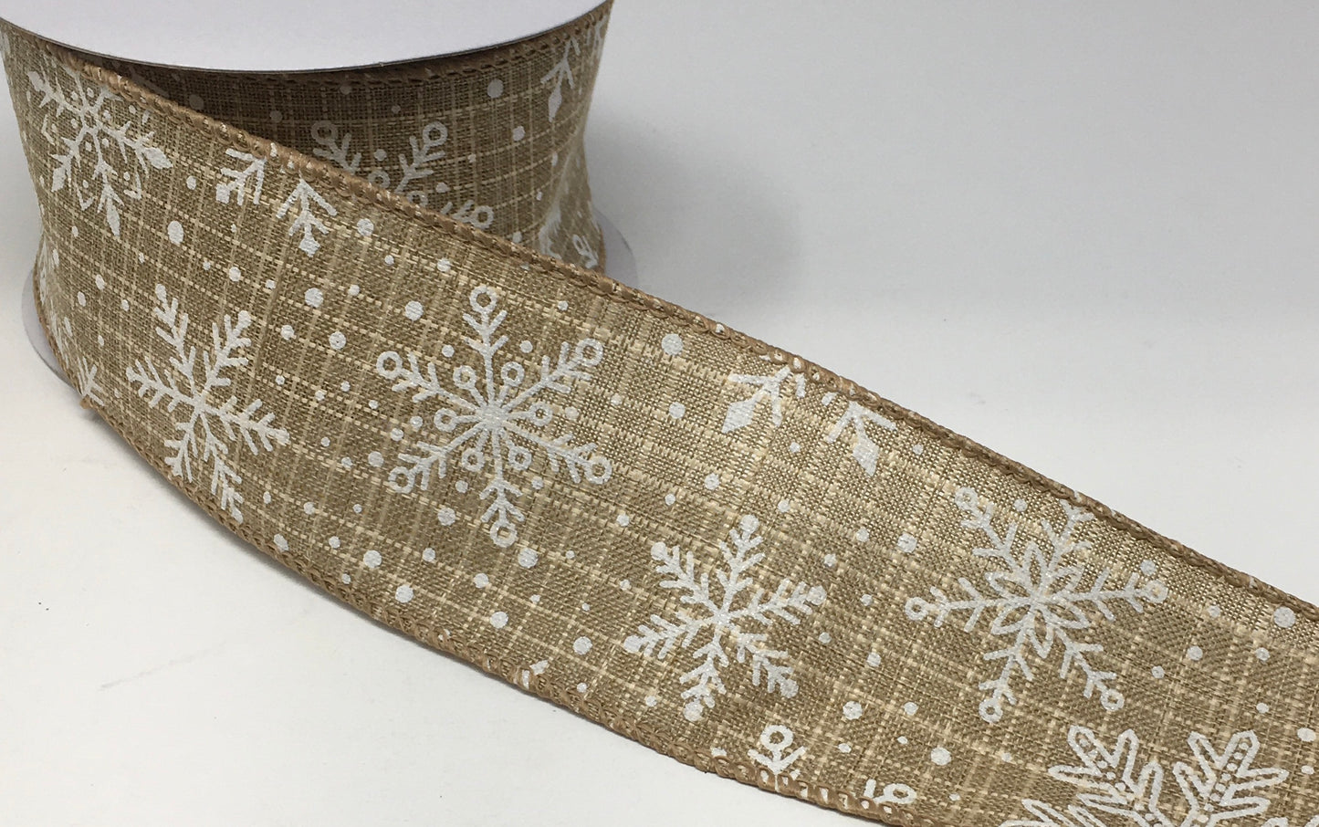 10 Yards - 2.5” Wired Natural and White Glitter Snowflake Ribbon