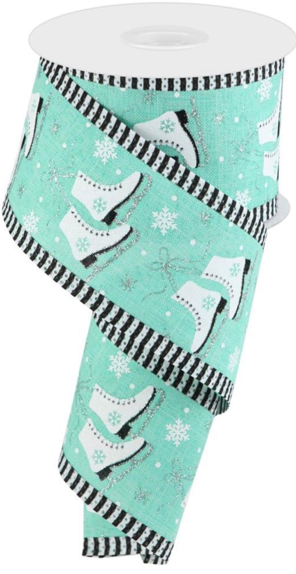 10 Yards - 2.5" Wired Mint Background Winter Ice Skating Ribbon with Silver Glitter Accent and Stripe Edge