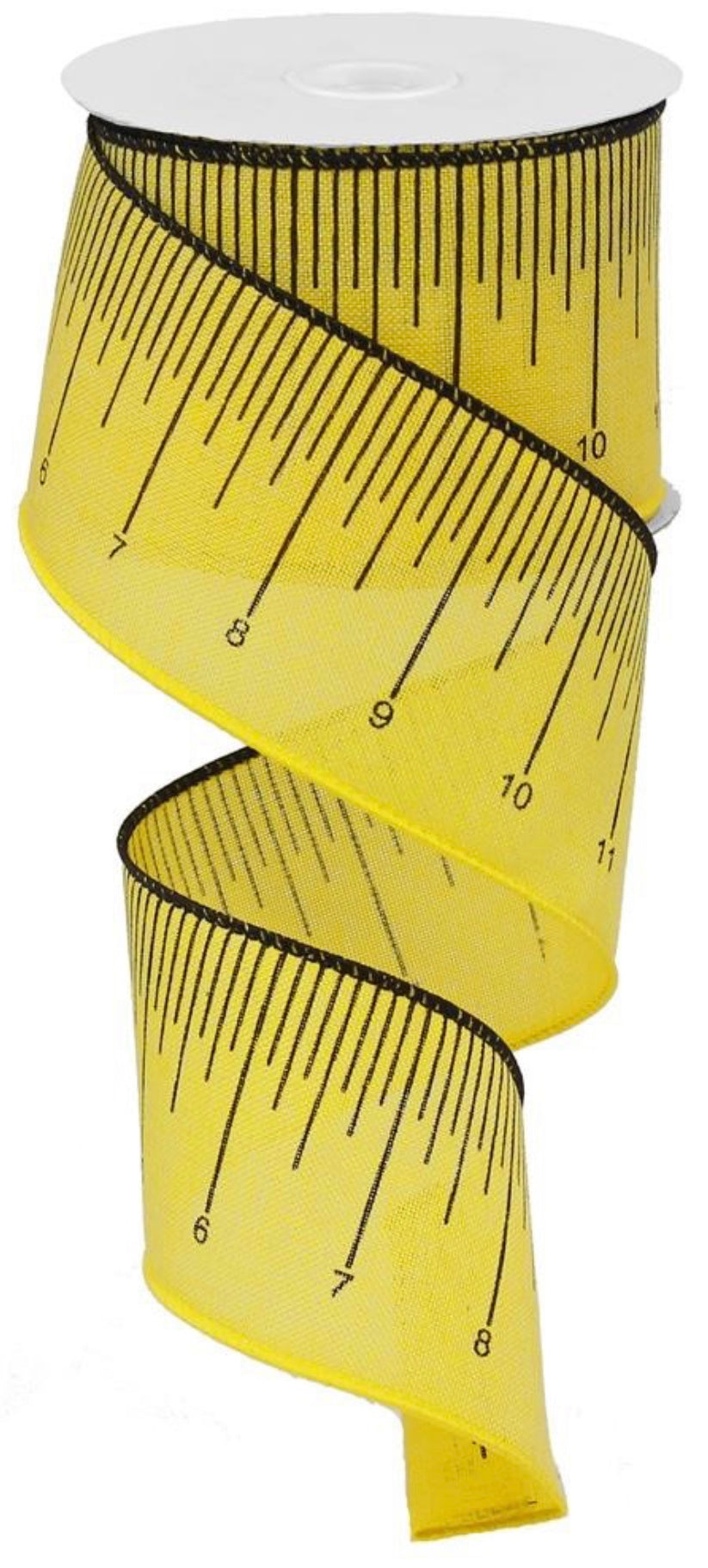 A spool of 2.5 inch wide wired black and yellow ruler ribbon, designed for crafting such as making wreaths and bows.