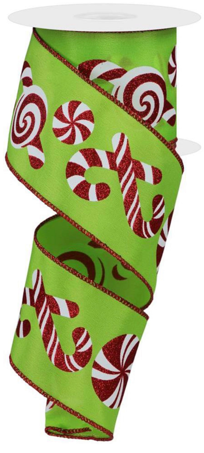 10 Yards - 2.5” Wired Lime Green Satin Background Peppermint Candy Christmas Ribbon with Glitter Accent