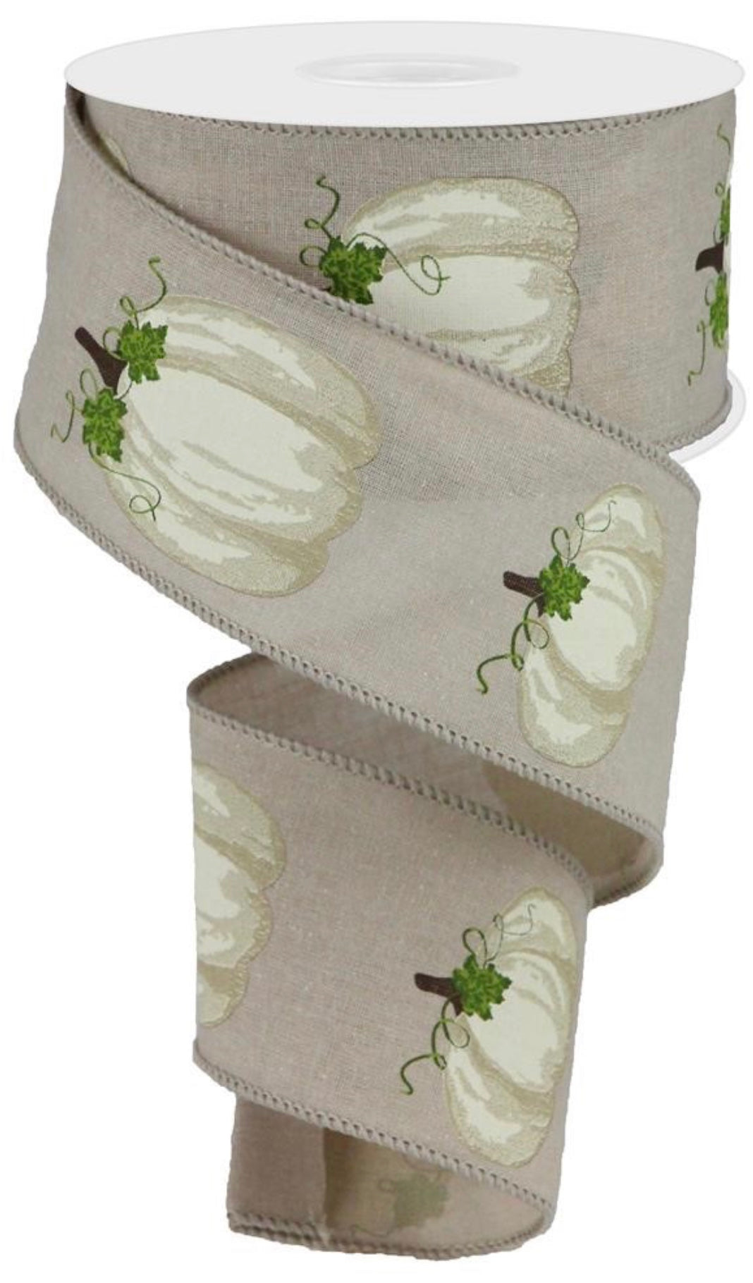 10 Yards - 2.5” Wired Light Tan Background with White Pumpkins Ribbon
