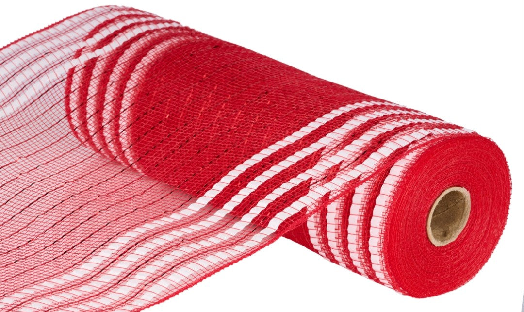 10.5"x10 Yards Metallic Red and White Stripe Wide Foil Stripe Mesh