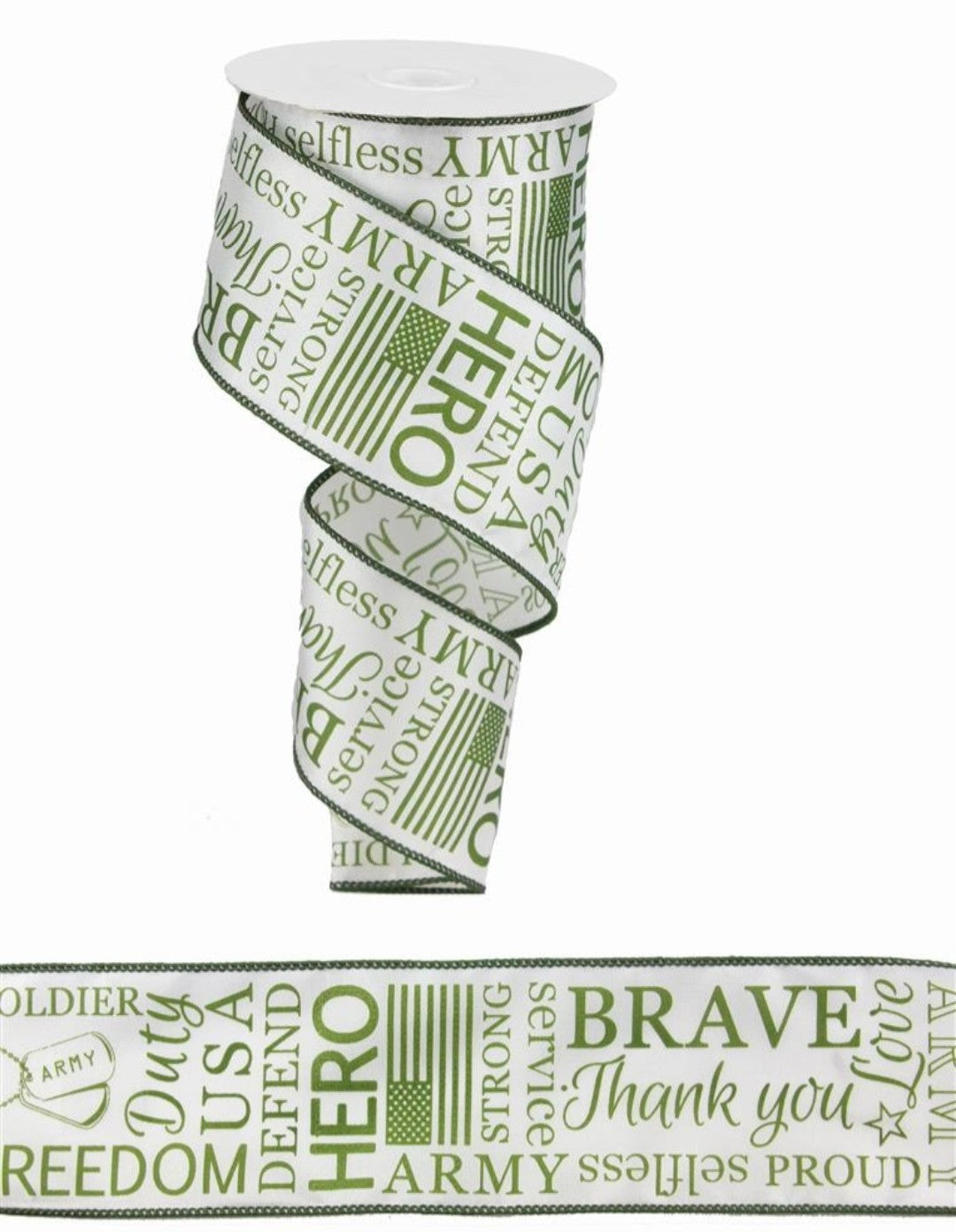 10 Yards - 2.5" Wired Green and White Satin Army Ribbon
