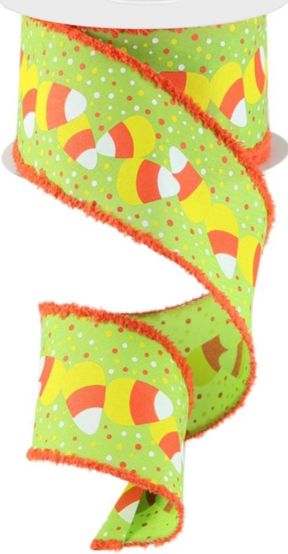 10 Yards - 2.5” Wired Lime Green Halloween Candy Corn Ribbon with Orange Snowdrift Edge