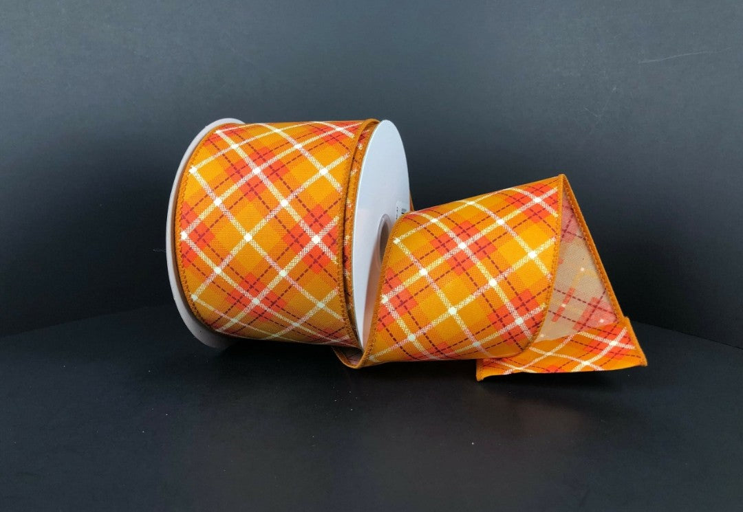 10 Yards - 2.5” Wired Orange, Cream, and Burgundy Fall Cross Check Ribbon