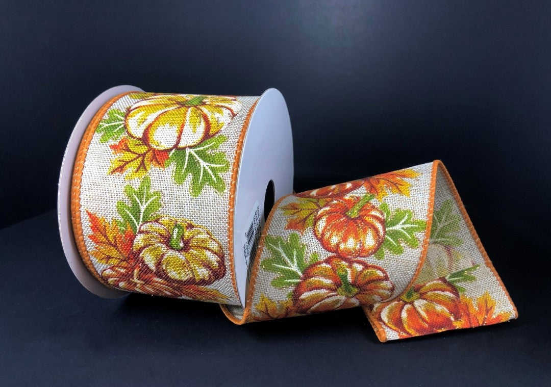 10 Yards - 2.5” Wired Natural Background Fall Foliage Pumpkin Ribbon with Glitter Accent