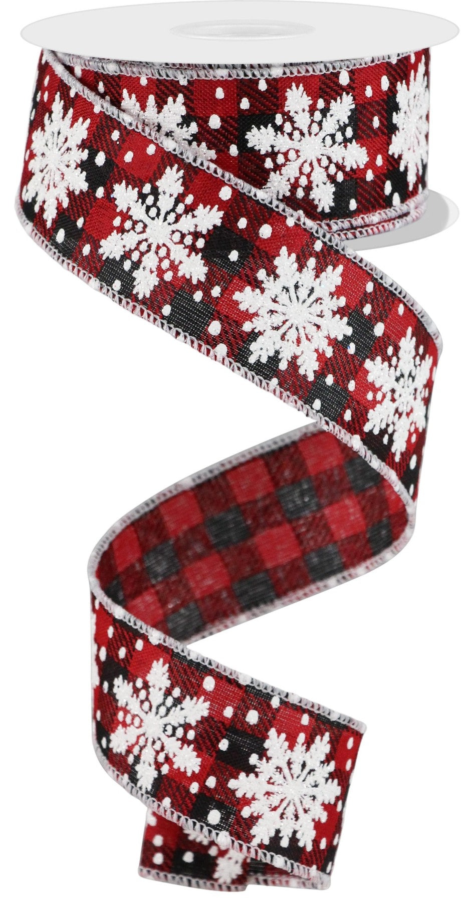 Wired Red and Black Check Snowflake Ribbon with Glitter Accent- 1.5”x10 Yards