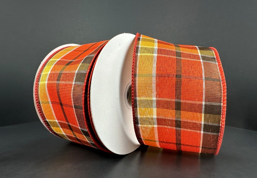 10 Yards - 2.5” Wired Orange, Brown, Yellow, and White Fall Check Ribbon