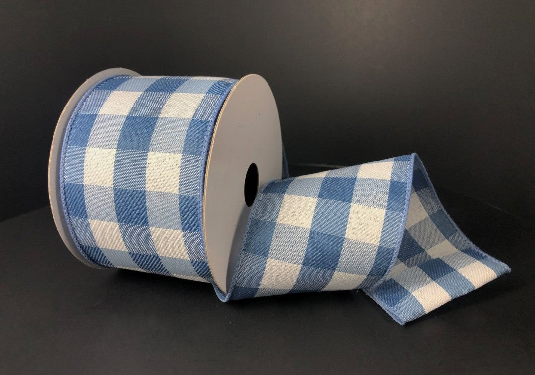 10 Yards - 2.5” Wired Blue and White Check Ribbon