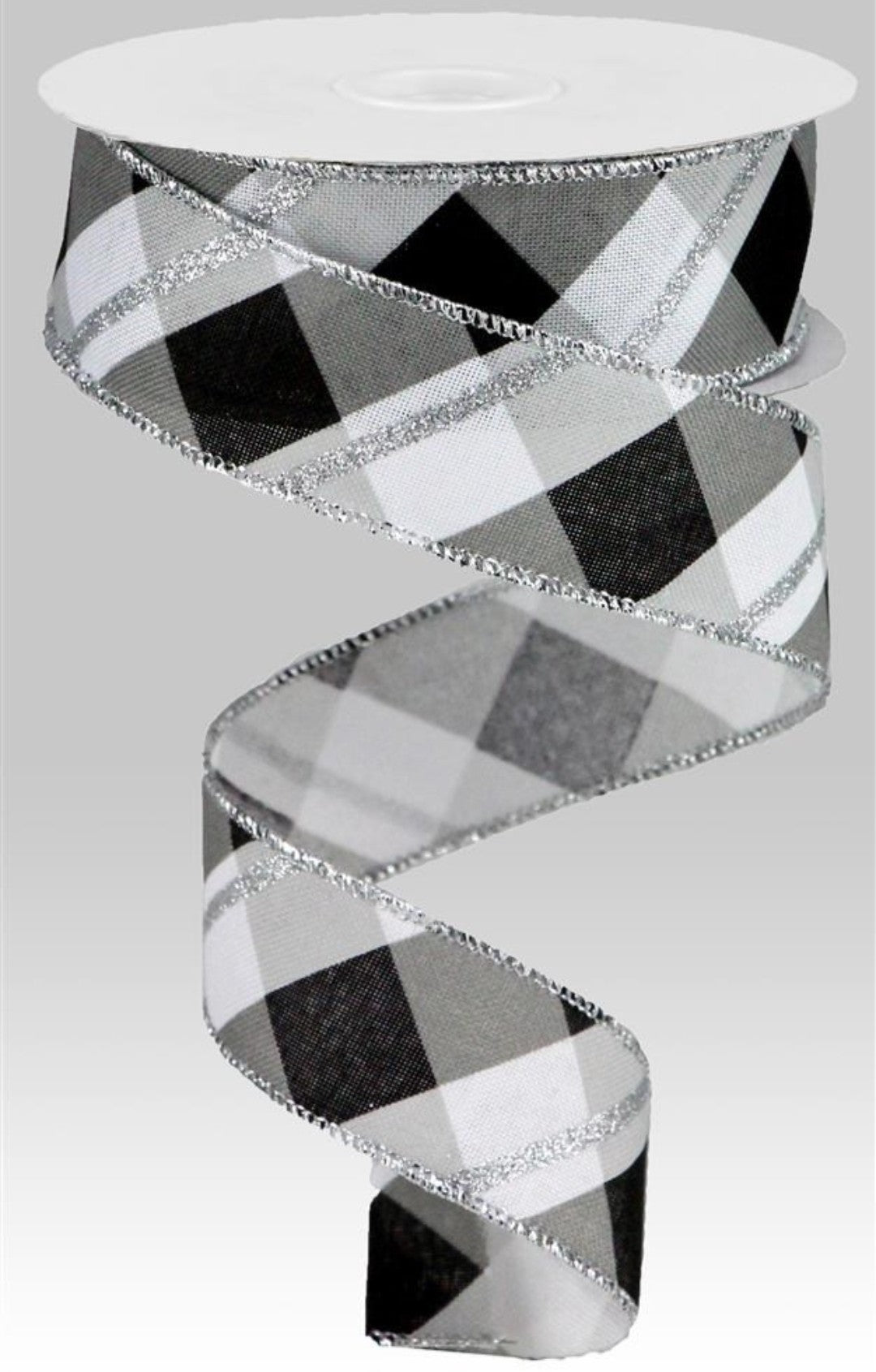 10 Yards - 1.5" Wired Black, White, Gray, and Silver Cross Plaid Ribbon with Silver Glitter Accent