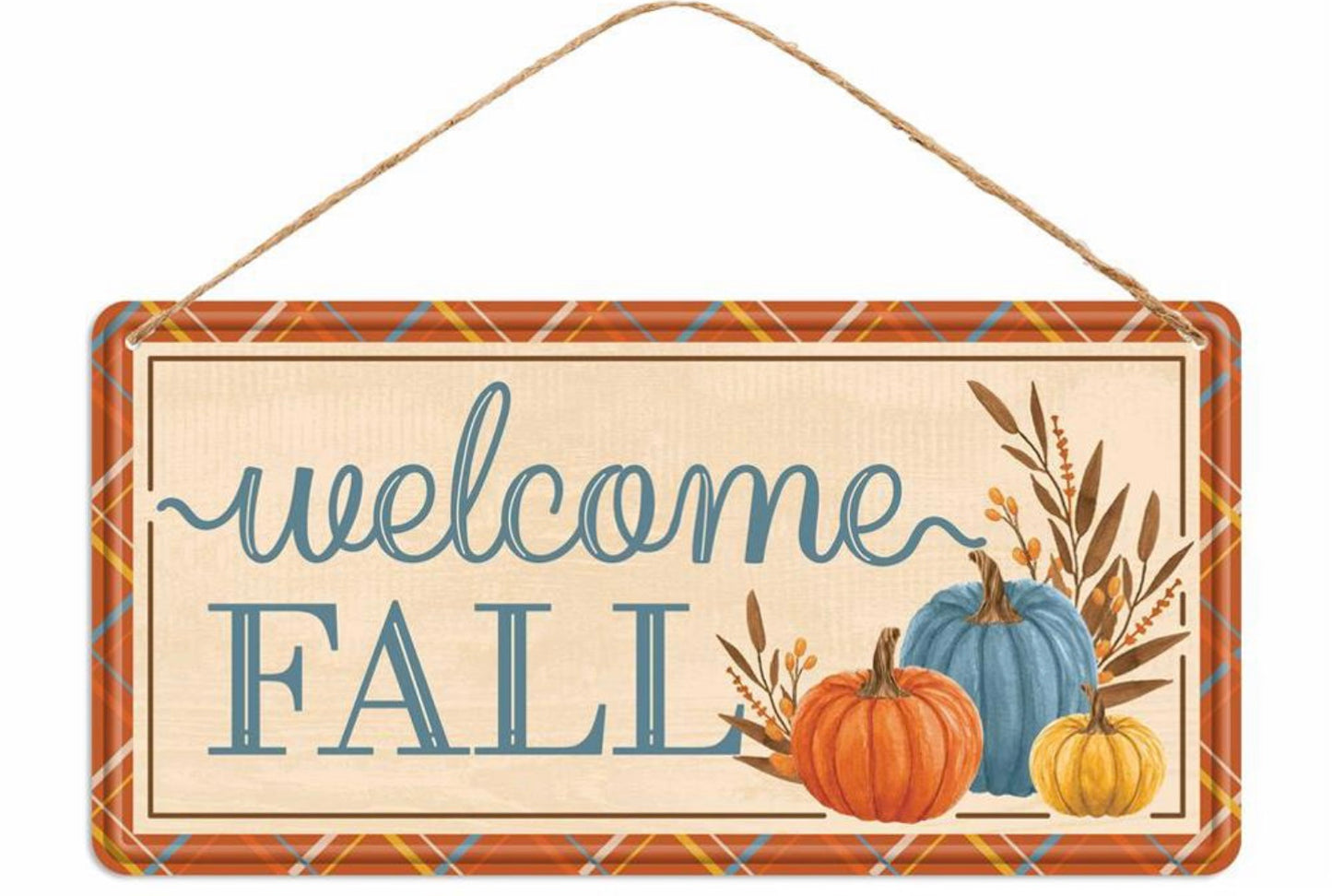 12”x6” Metal Blue and Orange Welcome Fall Pumpkin Wreath Sign