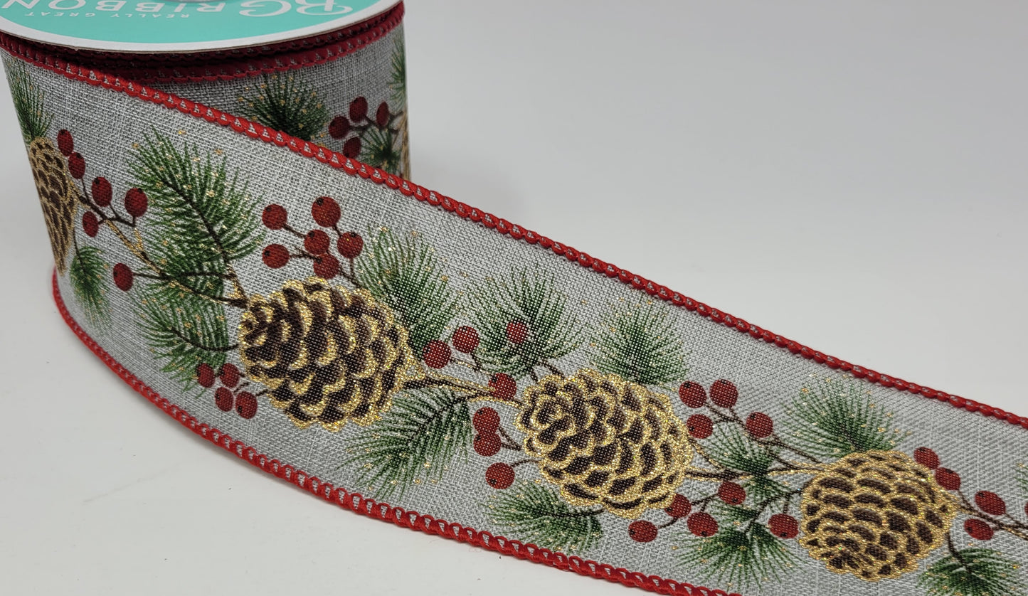 10 Yards - 2.5” Wired Holiday Pinecone Berry Ribbon with Glitter Accent