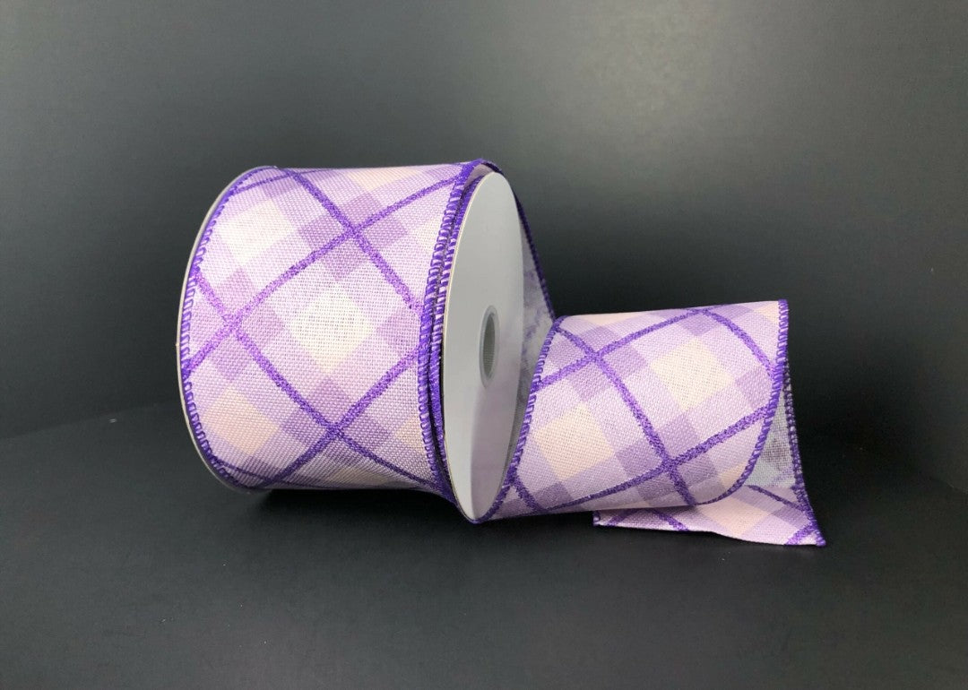10 Yards - 2.5" Wired Multi-Tone Purple Diagonal Check Ribbon with Glitter Accent