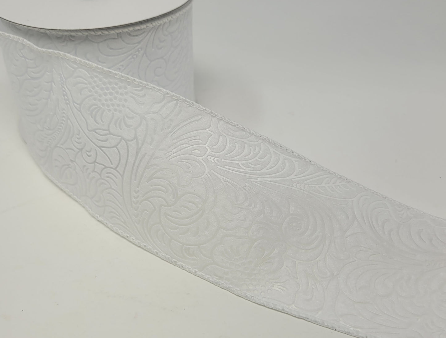 10 Yards - 2.5" Wired White Floral Embossed Ribbon