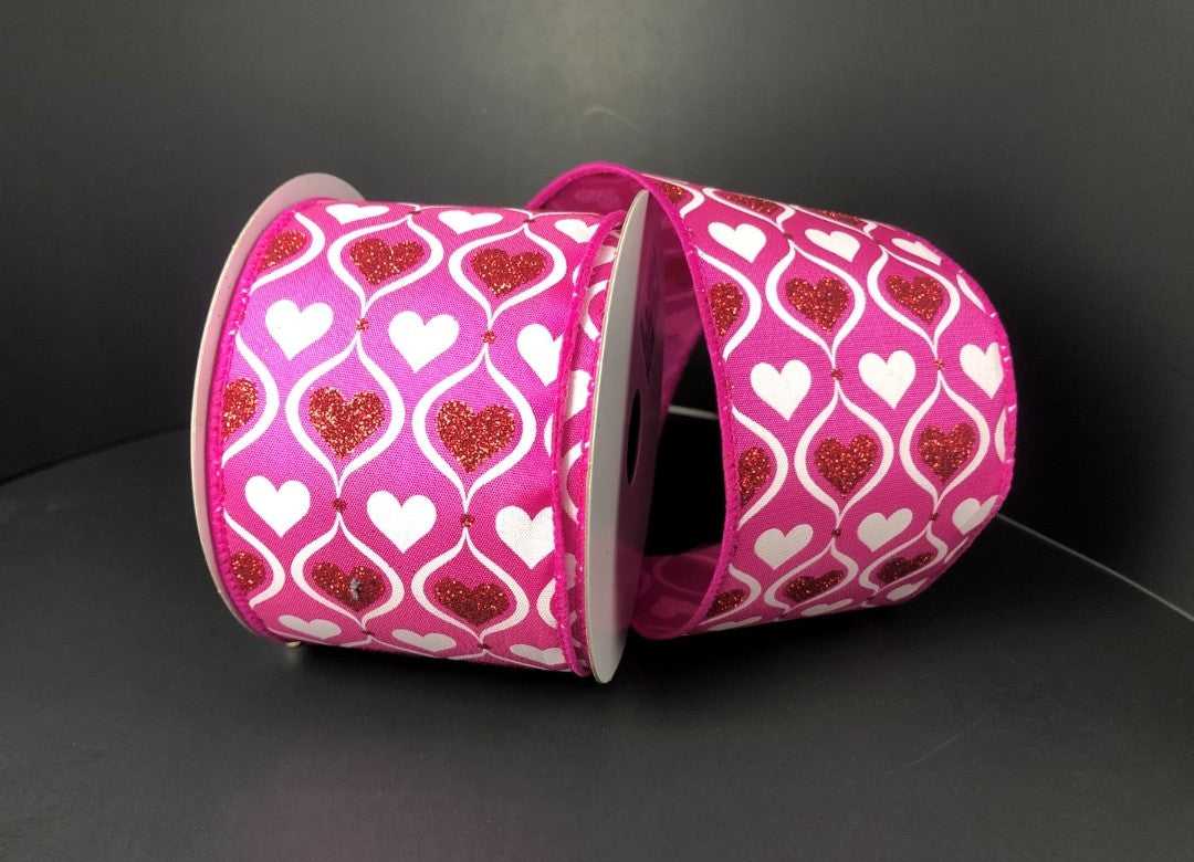 10 Yards - 2.5" Wired Fuschia Valentines Day Heart Ribbon with Glitter Accent