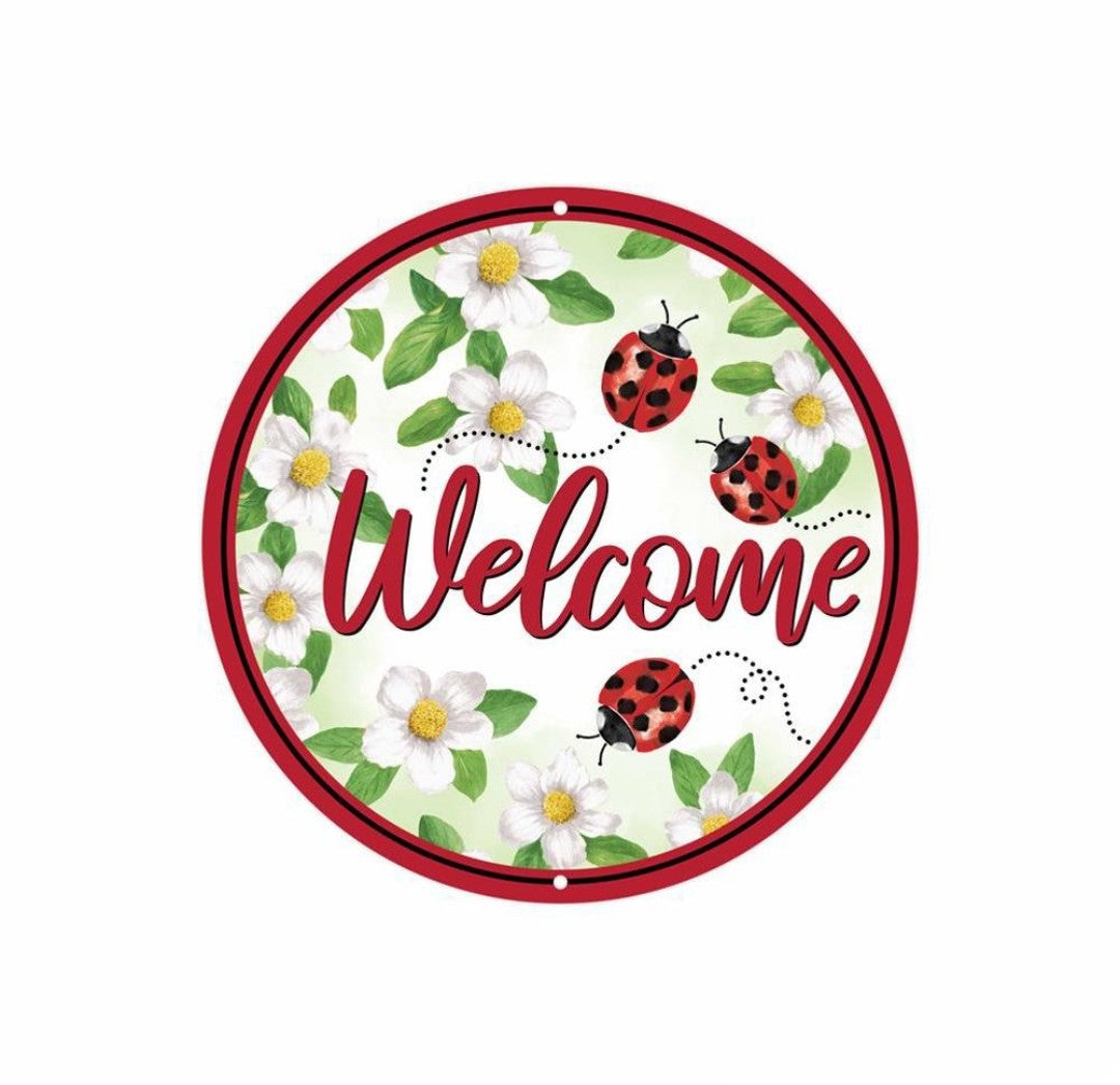 8” Round Metal Welcome Ladybug Wreath Sign