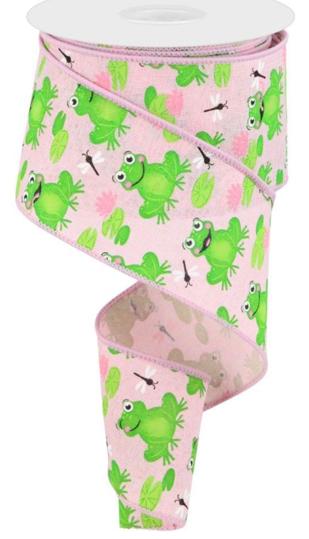 10 Yards - 2.5” Wired Pink Background Spring Frog Ribbon