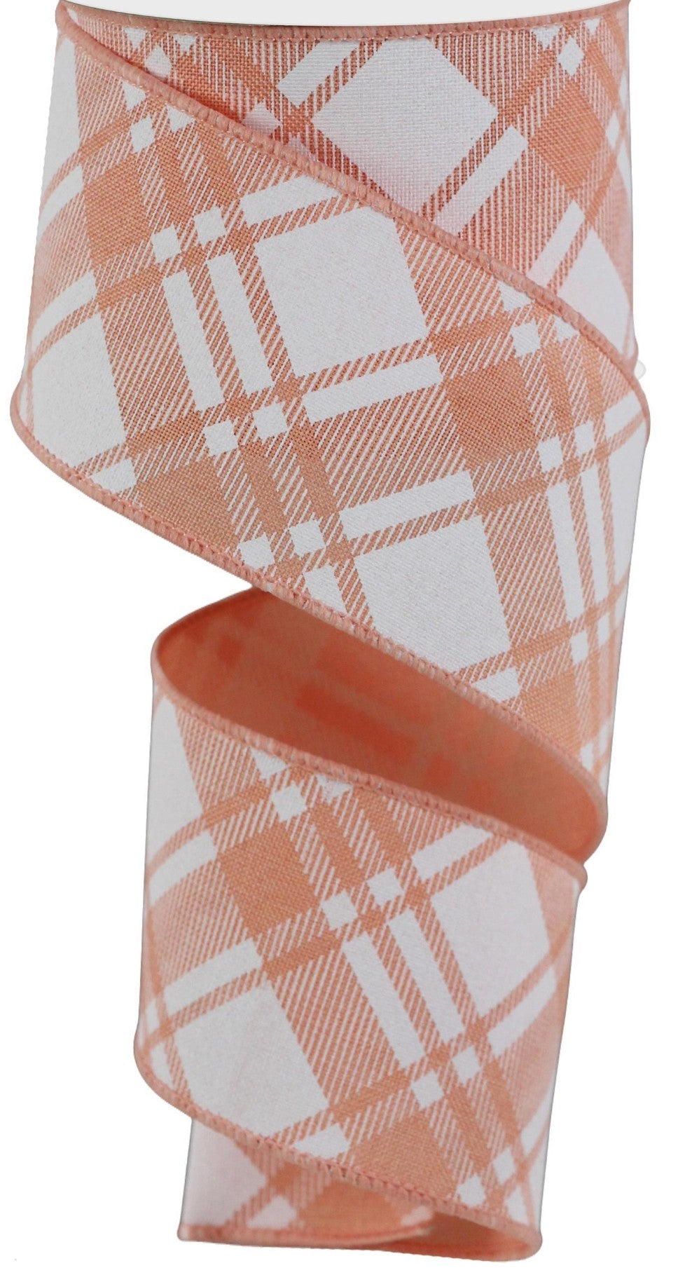 10 Yards - 2.5” Wired Peach and White Cross Check Ribbon