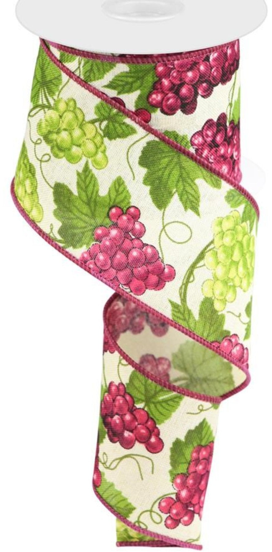 Wired Cream Background Red and Green Grapes Ribbon - Vineyard Ribbon- 2.5”x10 Yards