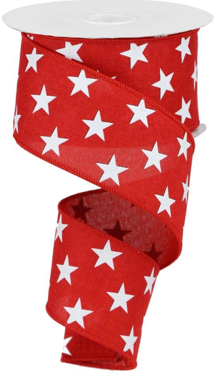 10 Yards - 2.5” Wired Red with White Stars Patriotic Ribbon