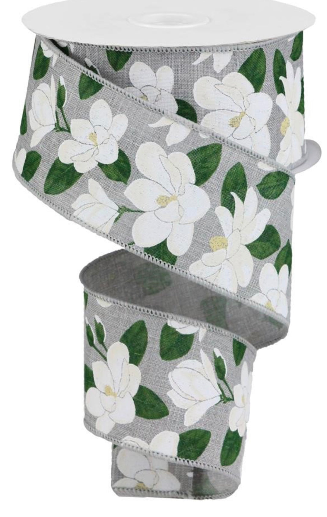 10 Yards - 2.5” Wired Gray Background Magnolia Ribbon