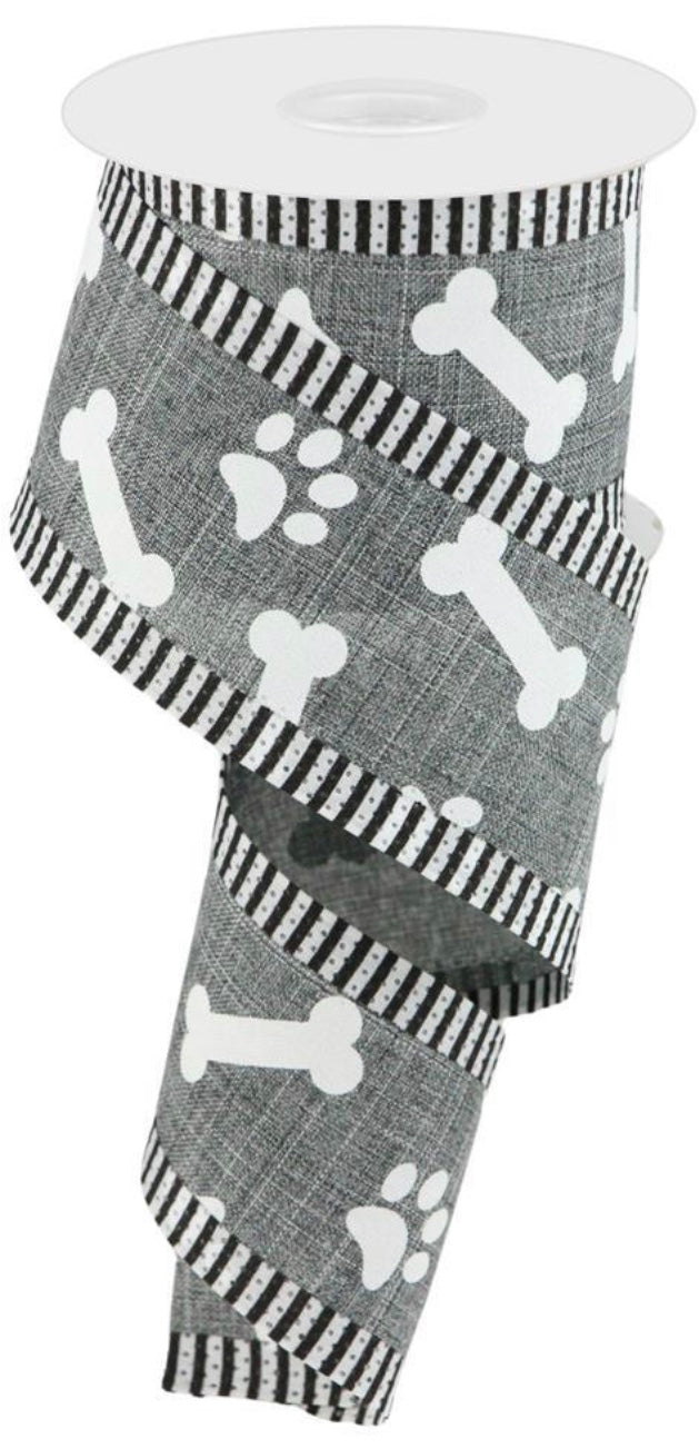 10 Yards - 2.5” Wired Gray and White Dog Ribbon with Black and