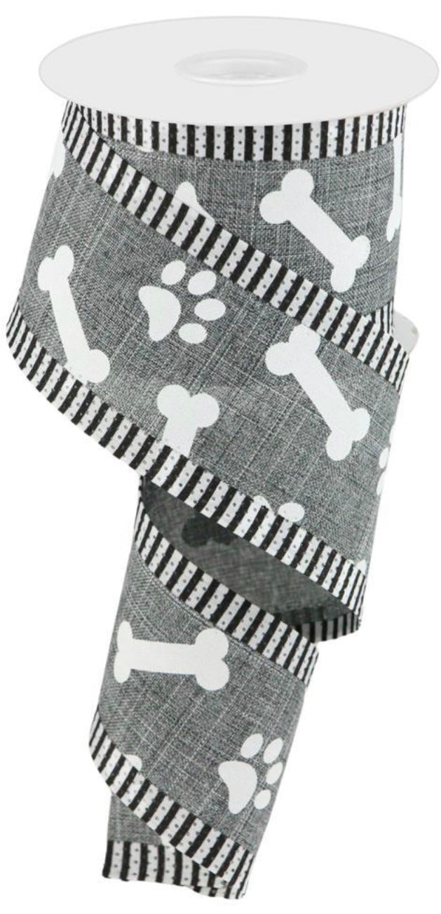 10 Yards - 2.5” Wired Gray and White Dog Ribbon with Black and White Stripe Edge