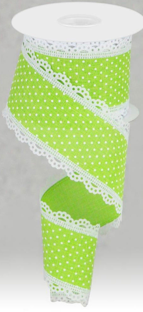 Wired Lime Green and White Swiss Dot Ribbon with White Lace Edge-2.5”x10 Yards