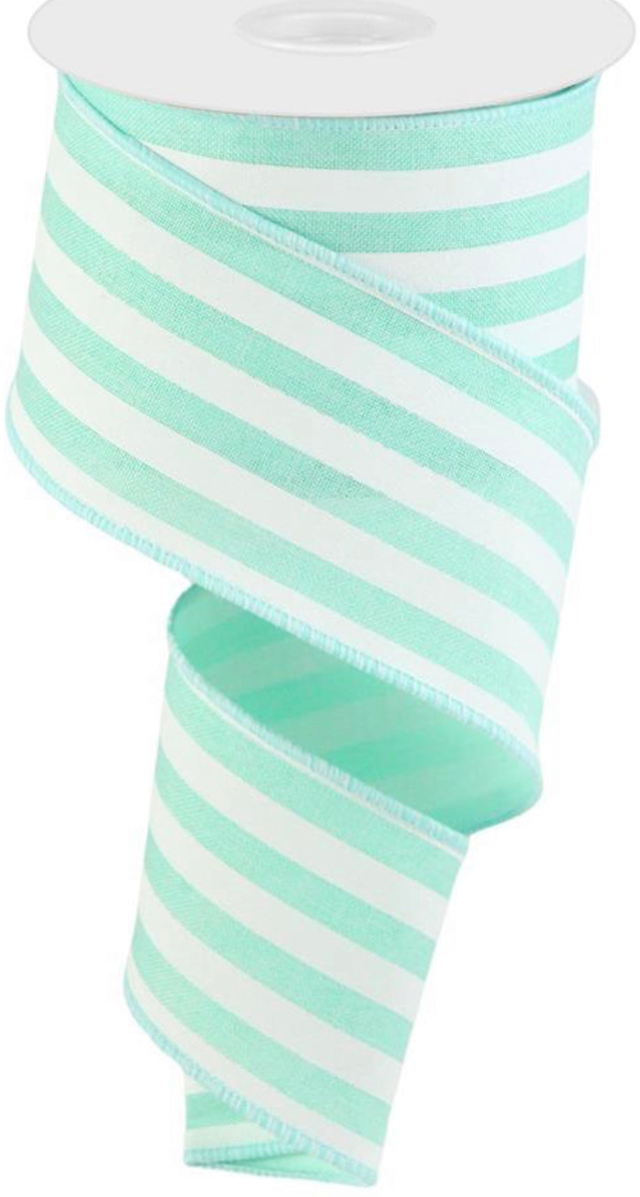 10 Yards - 2.5” Wired Mint and White Stripe Ribbon