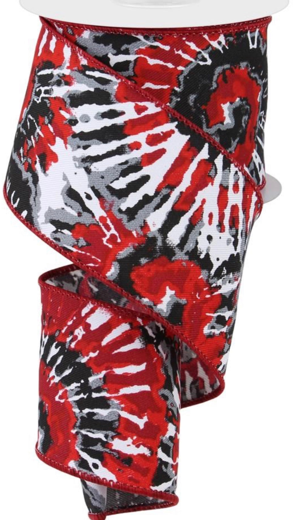 10 Yards - 2.5” Wired Red, Gray, Black, and White Tie Dye Ribbon