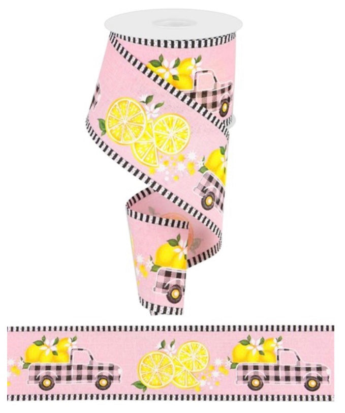 10 Yards - 2.5" Pink Ribbon with Gingham Truck and Lemons