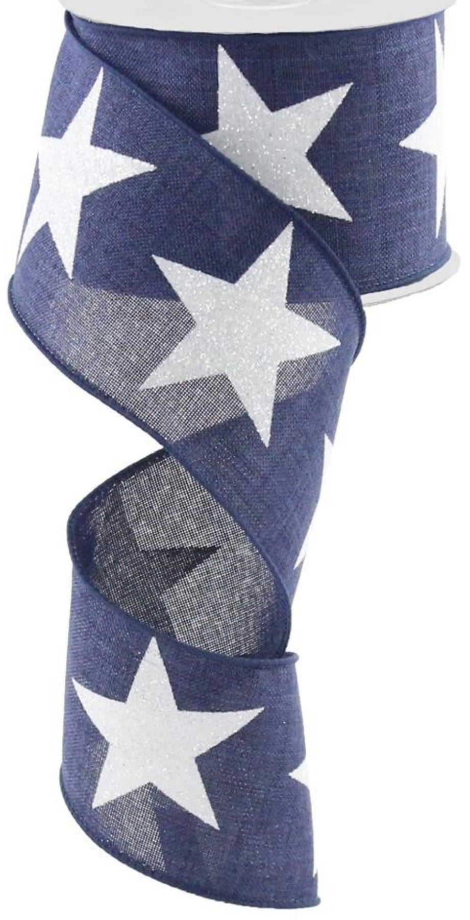 10 Yards - 2.5” Wired Navy Blue with Bold White Glitter Stars Patriotic Ribbon