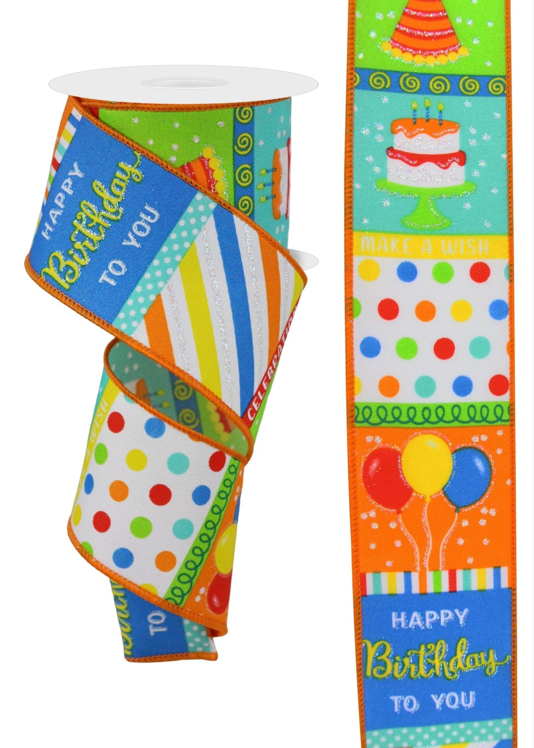 10 Yards - 2.5” Wired Happy Birthday Ribbon with Glitter Accent