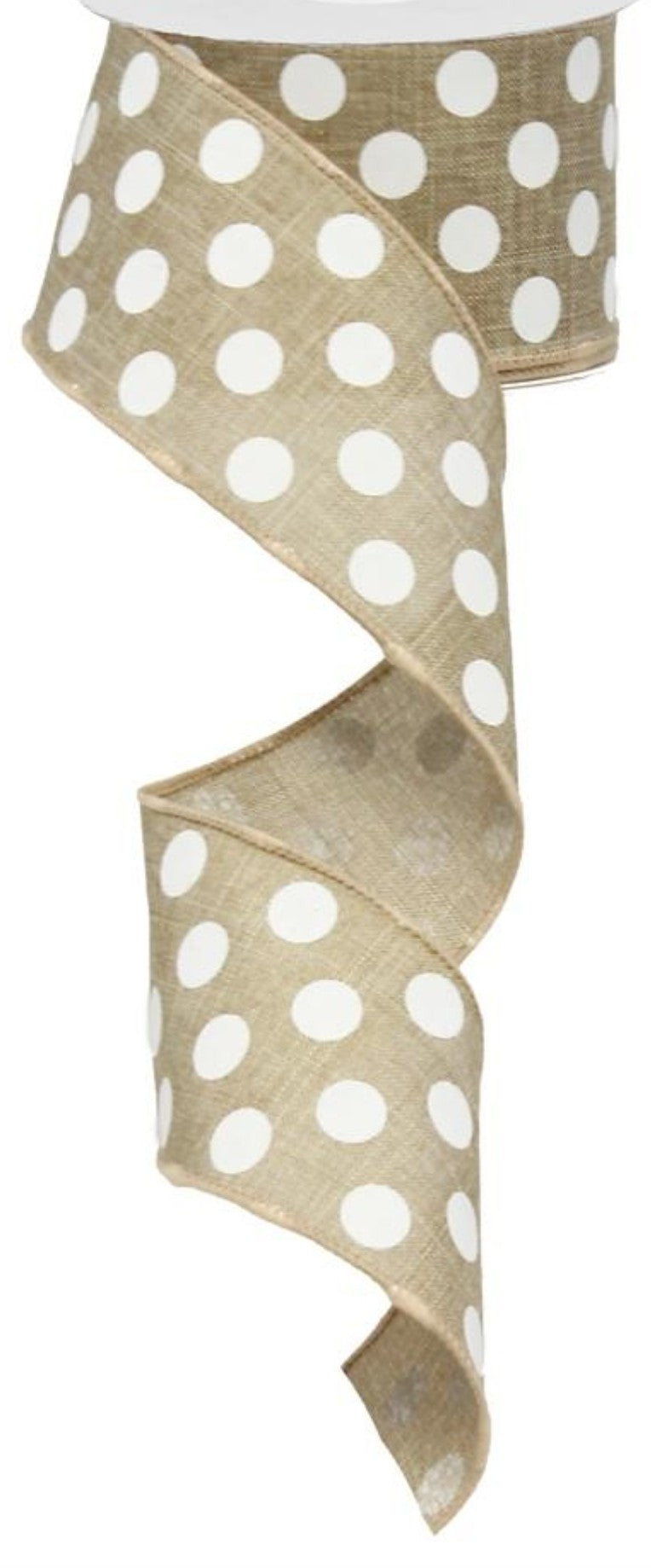 10 Yards - 2.5” Wired Natural and White Polka Dot Ribbon