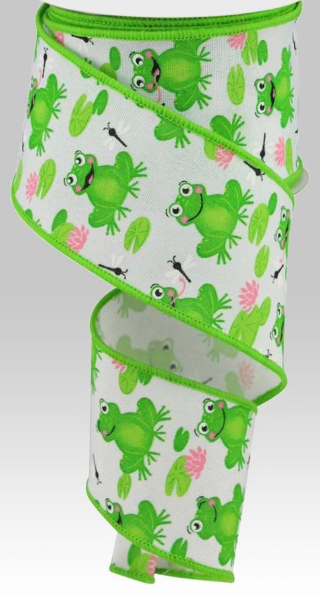 10 Yards - 2.5” Wired White Background Spring Frog Ribbon