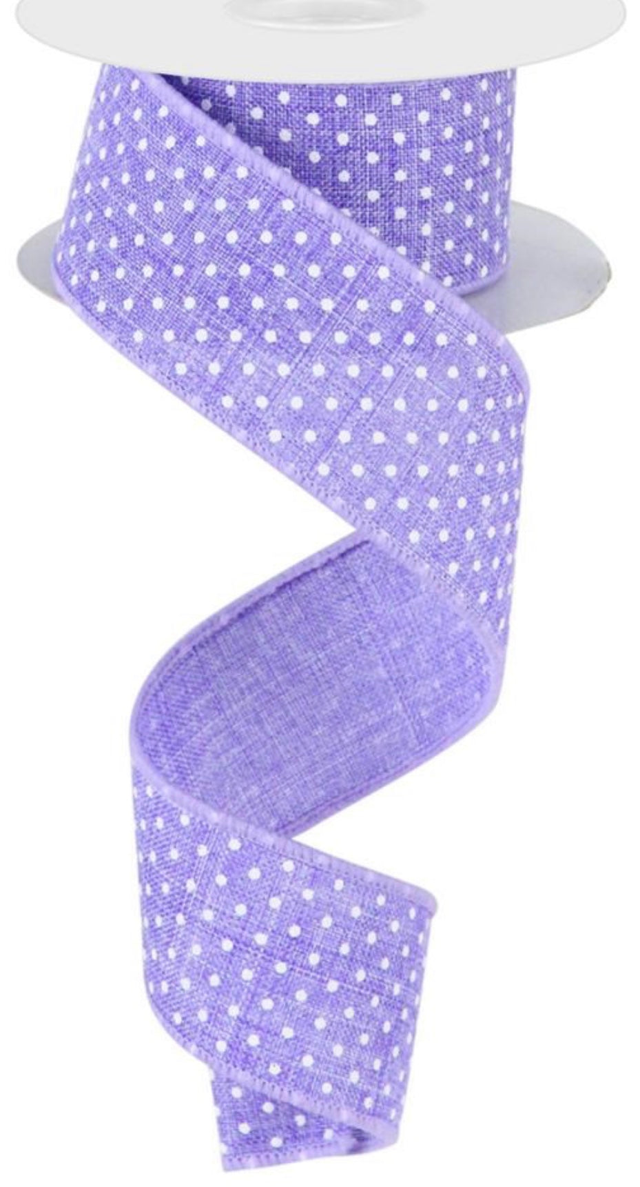 1.5” x10 Yards Wired Lavender and White Swiss Dot Ribbon