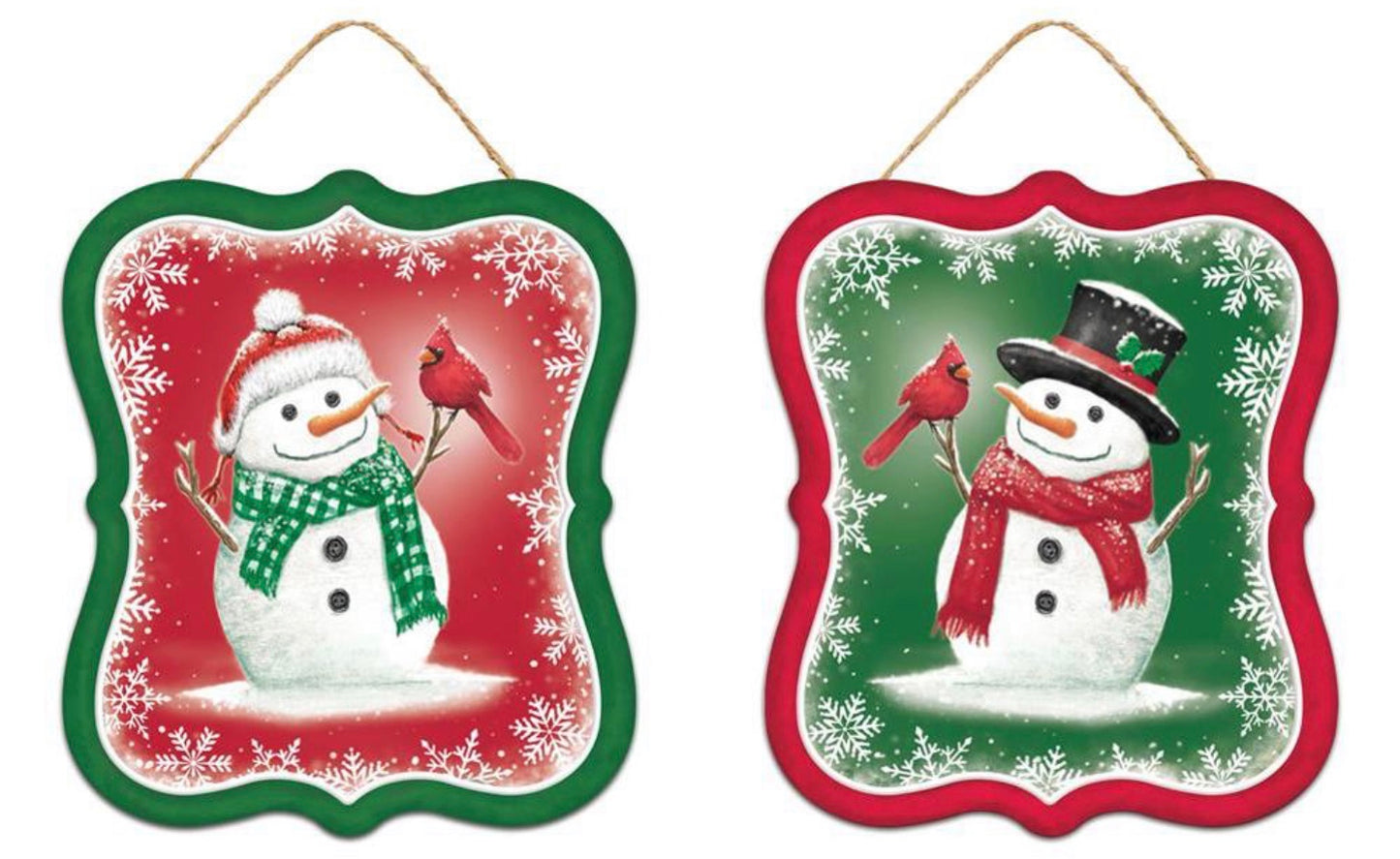 2 Piece Set Metal Tin Christmas Snowman Wreath Signs- 7”x6”