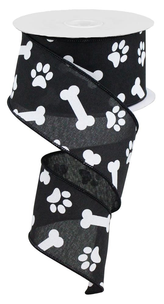 10 Yards - 2.5" Black Paws and Bones Ribbon