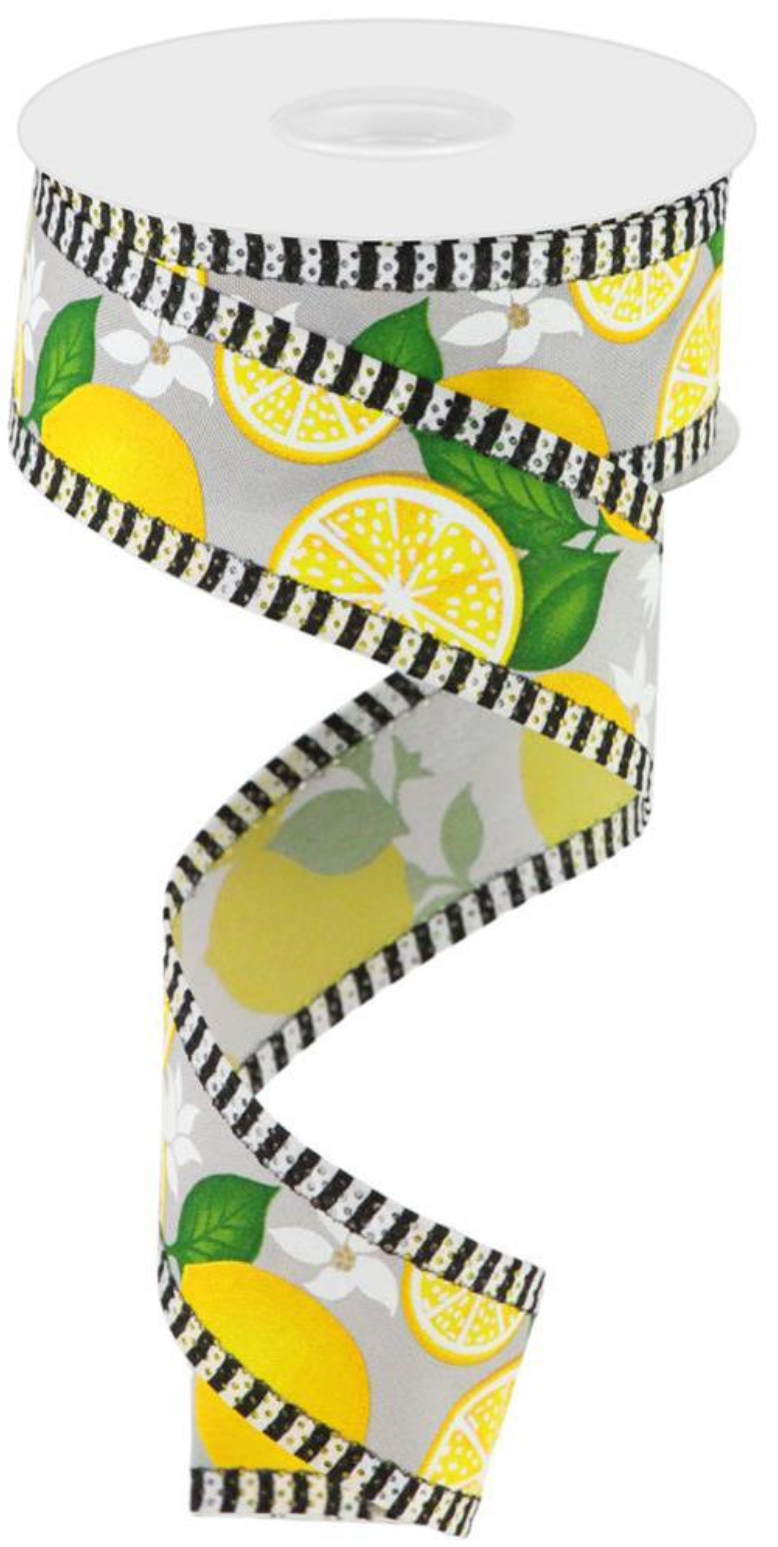 10 Yards - 1.5" Gray ribbon with Lemons and Stripe Edge