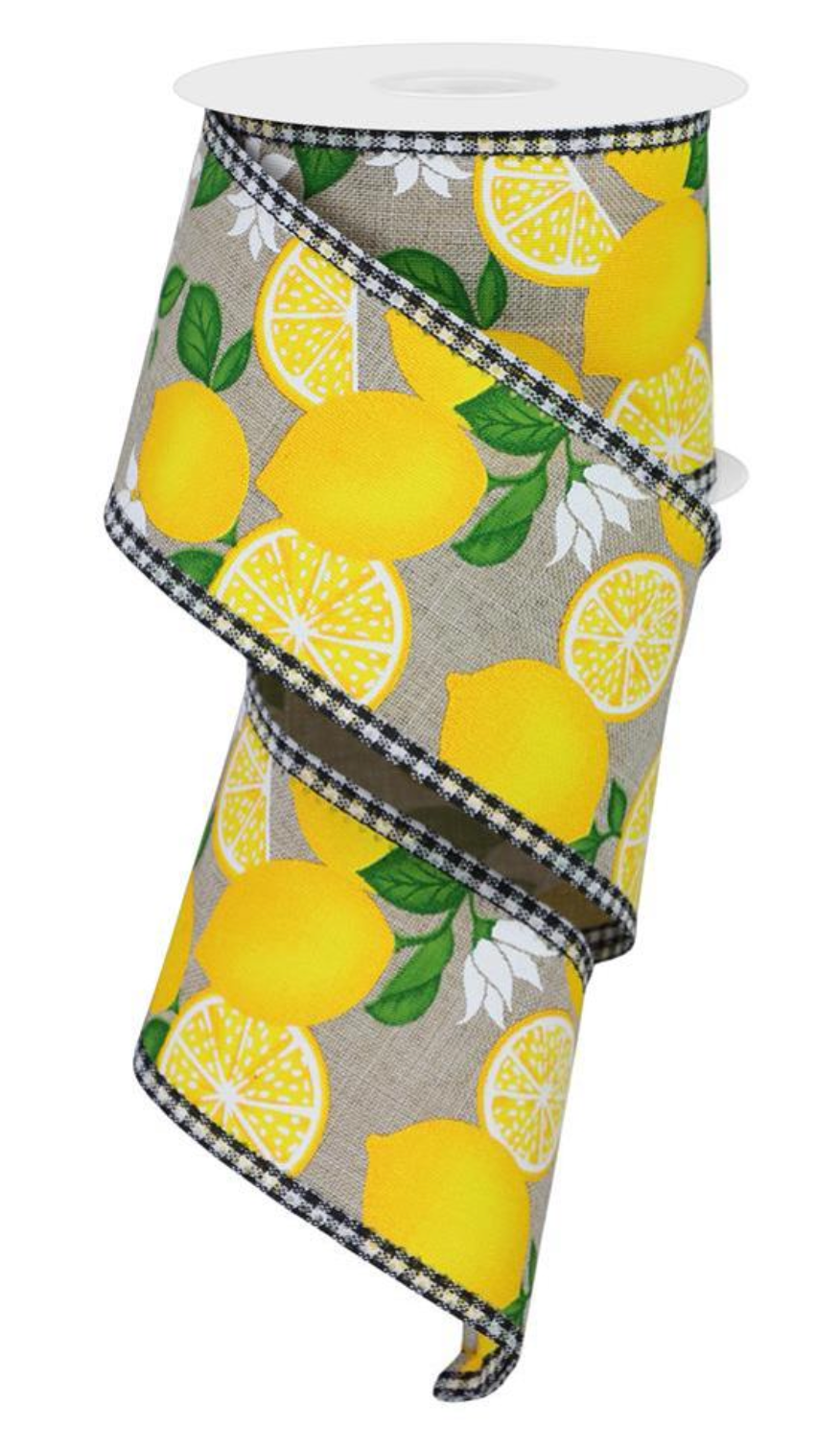 10 Yard - 2.5" Natural Ribbon with Lemons and Gingham Edge