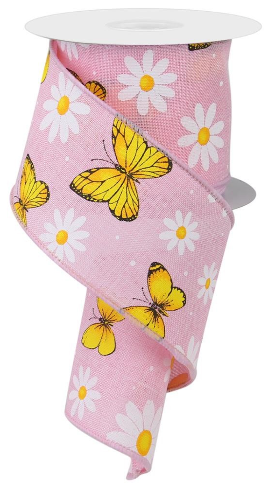 10 Yards - 2.5" Pink Ribbon with Butterflies and Daisies