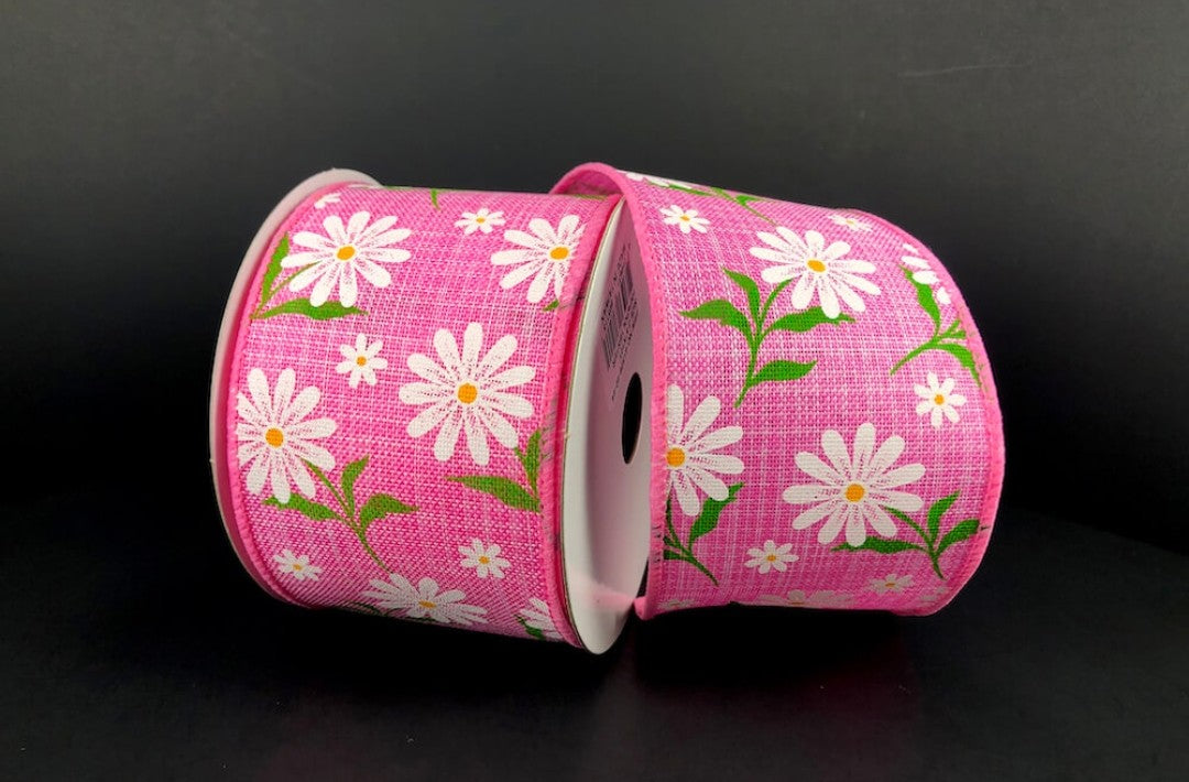 10 Yards - 2.5” Wired Pink Background Spring Daisy Ribbon