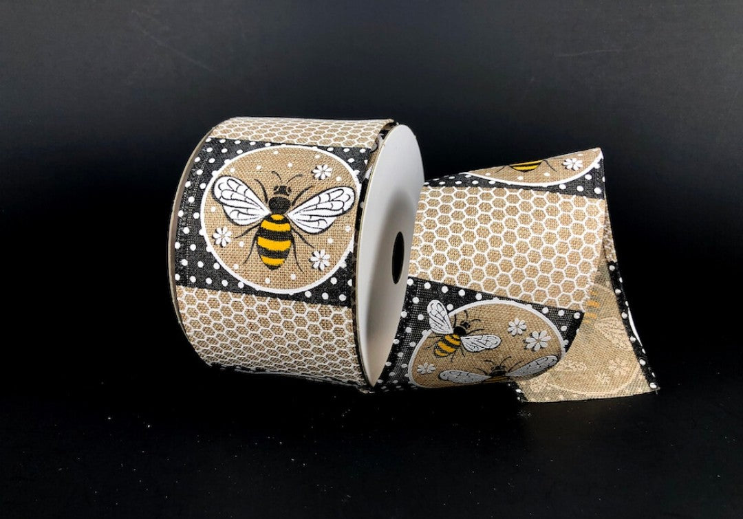 10 Yards - 2.5” Wired Honeycomb with Bees Ribbon
