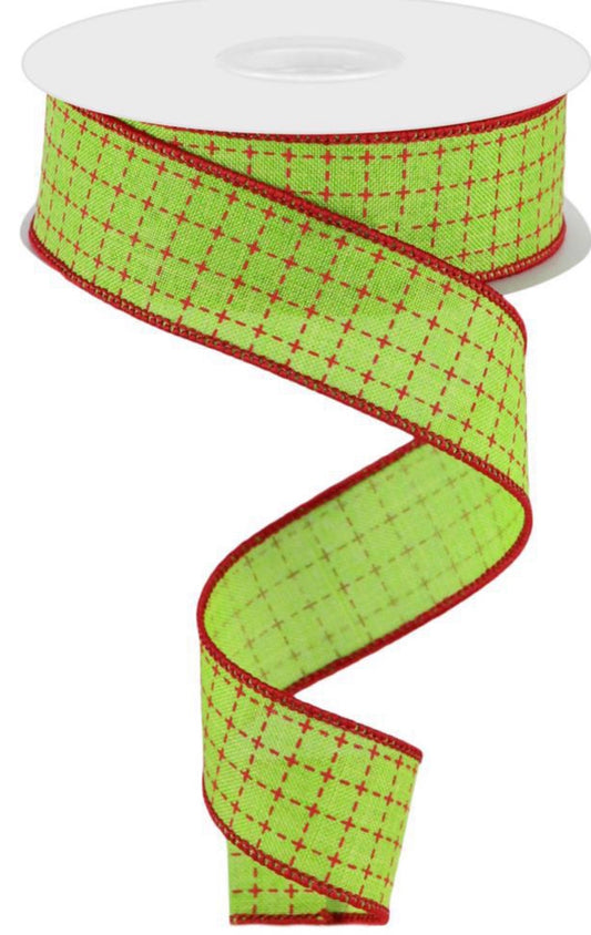 10 Yards - 1.5” Wired Lime Green and Red Stitched Check Christmas Ribbon