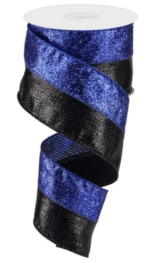 10 Yard - 1.5” Wired Blue Glitter and Black Metallic Ribbon