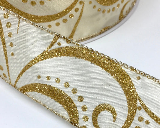 50 Yards-1.5” Champagne with Gold Swirls Christmas Ribbon