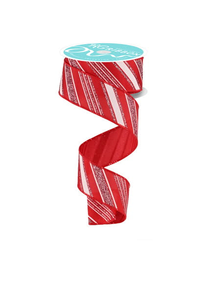 Wired Red, White, and Pink Glitter Swirl Stripe Ribbon- 1.5”x10 Yards