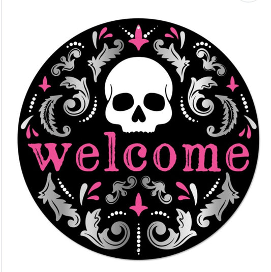 12” Round Metal Welcome Skull Wreath Sign