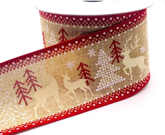 10 Yards - 2.5" Wired Natural with Deer, Trees and Snowflake Ribbon